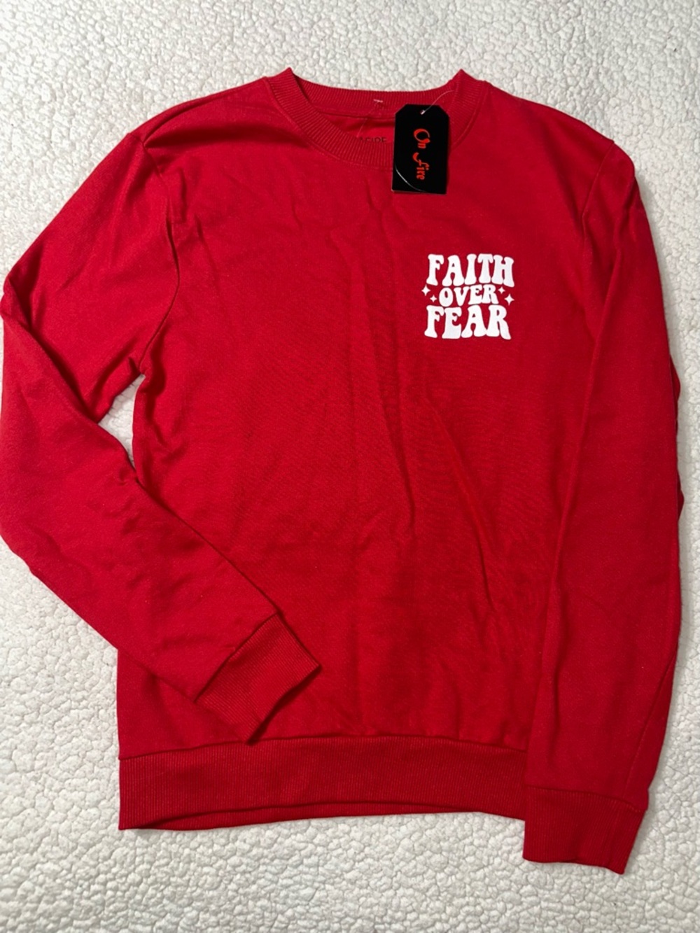 On Fire Red Crewneck Sweater with "Faith Over Fear" Chest Graphic